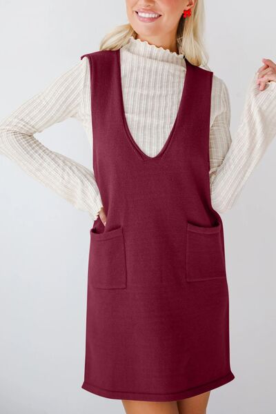 Lovelet Pocketed V-Neck Mini Sweater Overall Dress