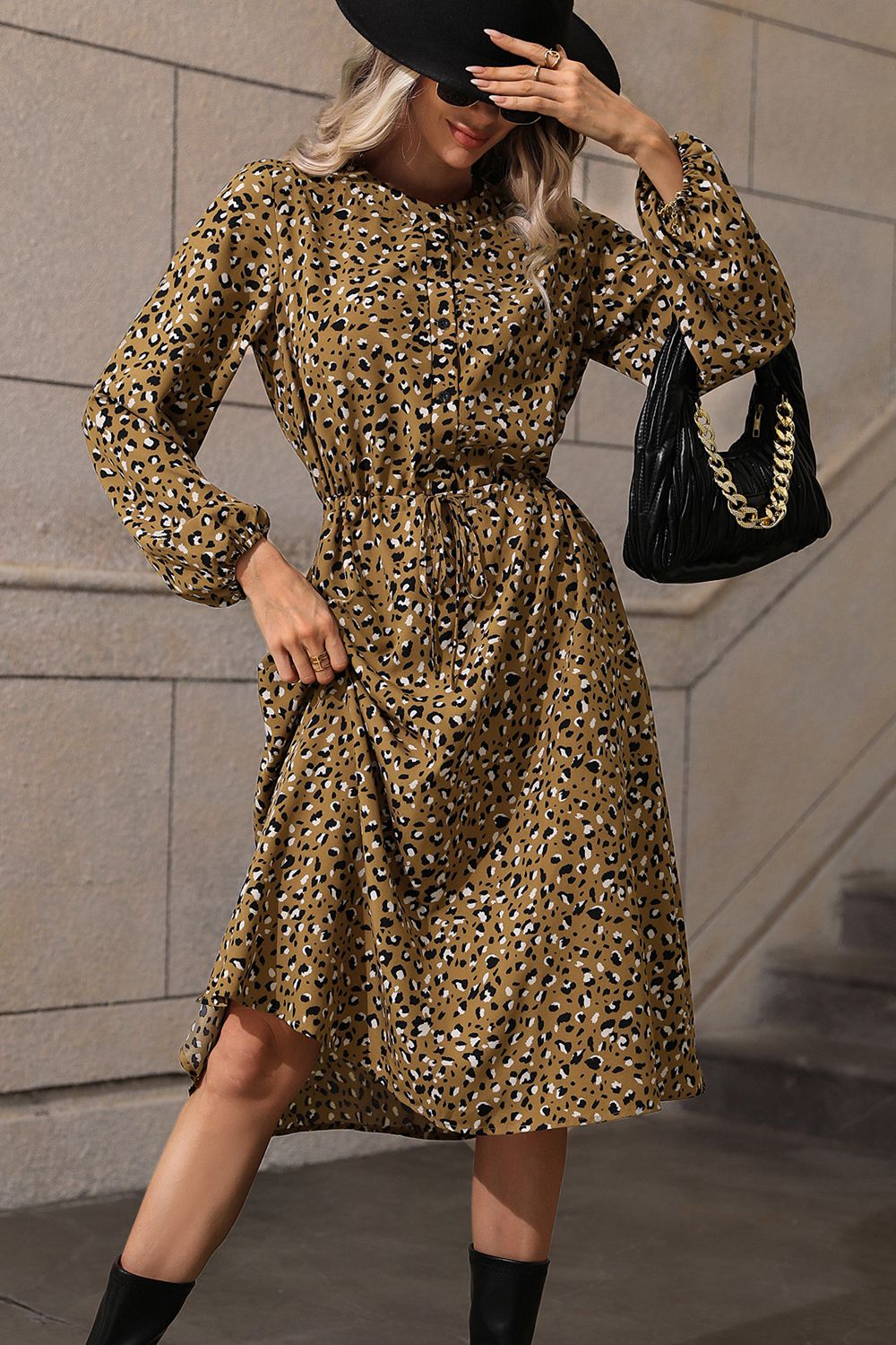 Honey Printed Long Sleeve Midi Dress - felvior