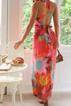 Split Crisscross Back Printed Plunge Maxi Dress