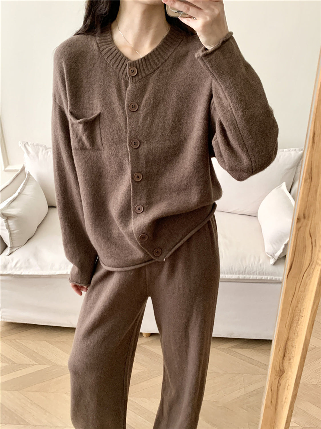 Pocketed Round Neck Button Up Cardigan and Pants Sweater Set - felvior