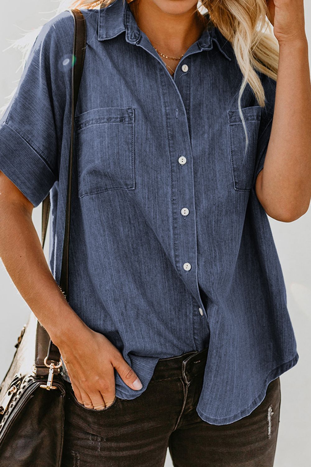 Pocketed Button Up Short Sleeve Denim Shirt - felvior