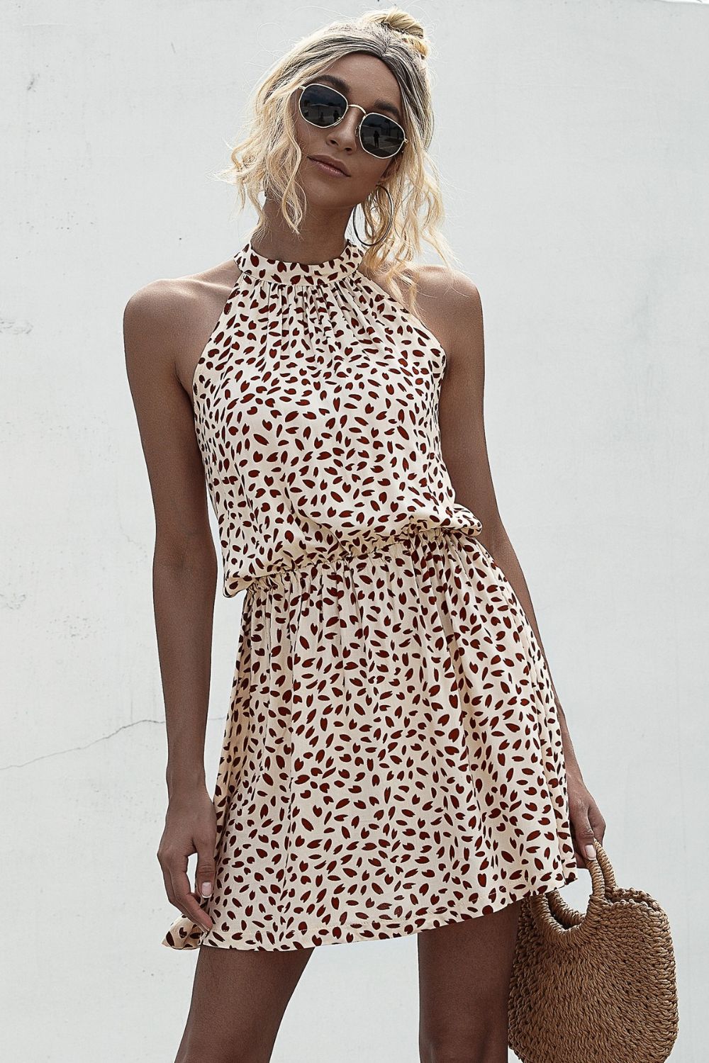 Printed Grecian Neck Mini Dress - felvior