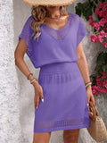 Openwork V-Neck Short Sleeve Cover-Up Dress - felvior