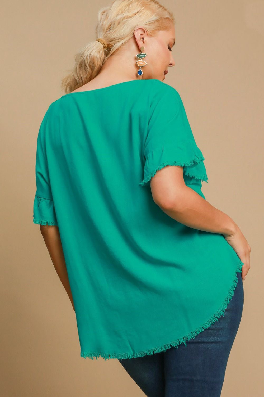 Umgee Full Size Raw Hem Ruffle Short Sleeve Blouse Plus Size