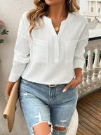 Devine Pocketed Notched Long Sleeve Blouse