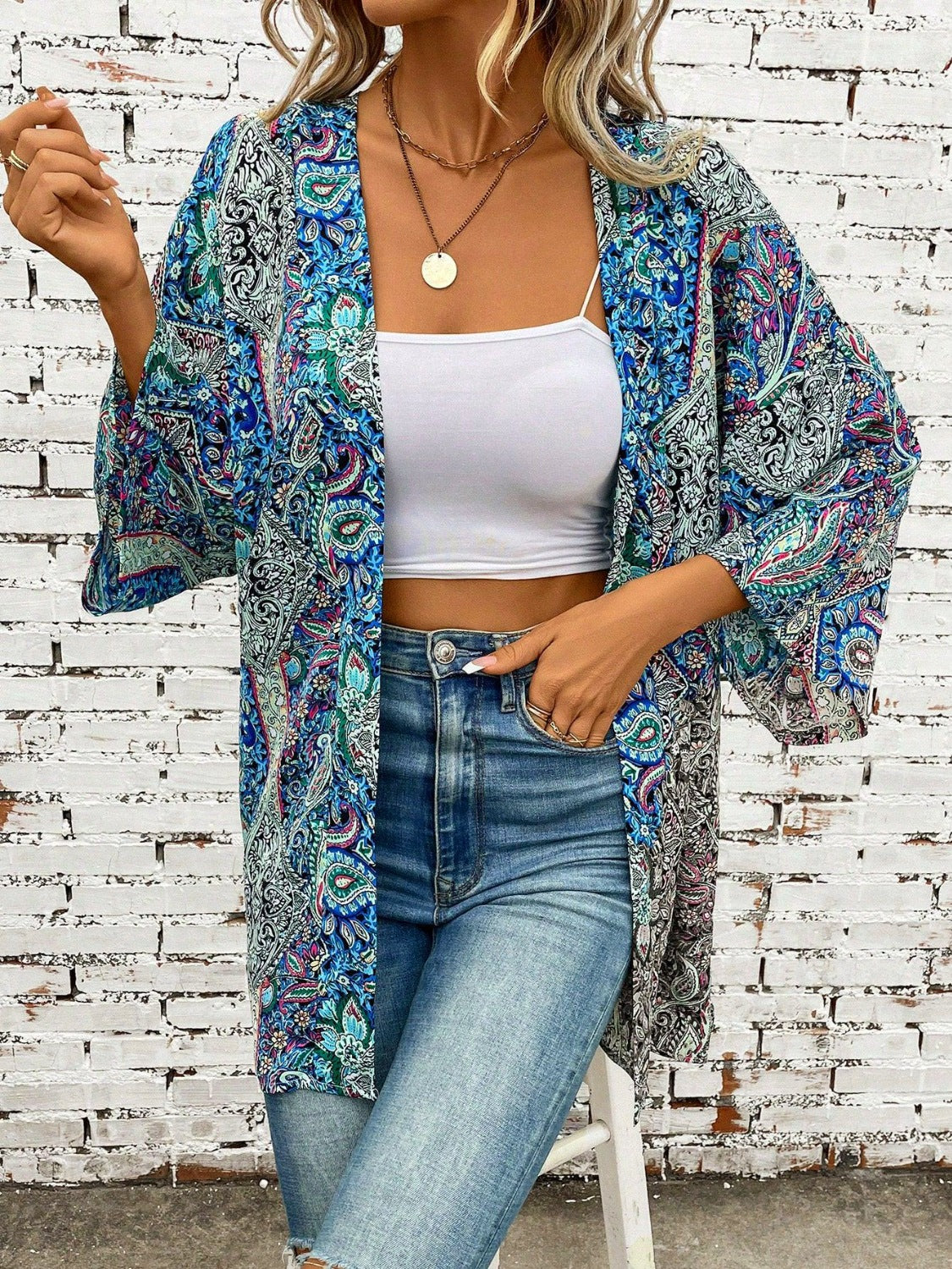 Printed Open Front Three-Quarter Sleeve Cover Up - felvior