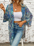 Printed Open Front Three-Quarter Sleeve Cover Up - felvior