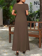 Full Size Round Neck Short Sleeve A-Line Maxi Dress Plus Size