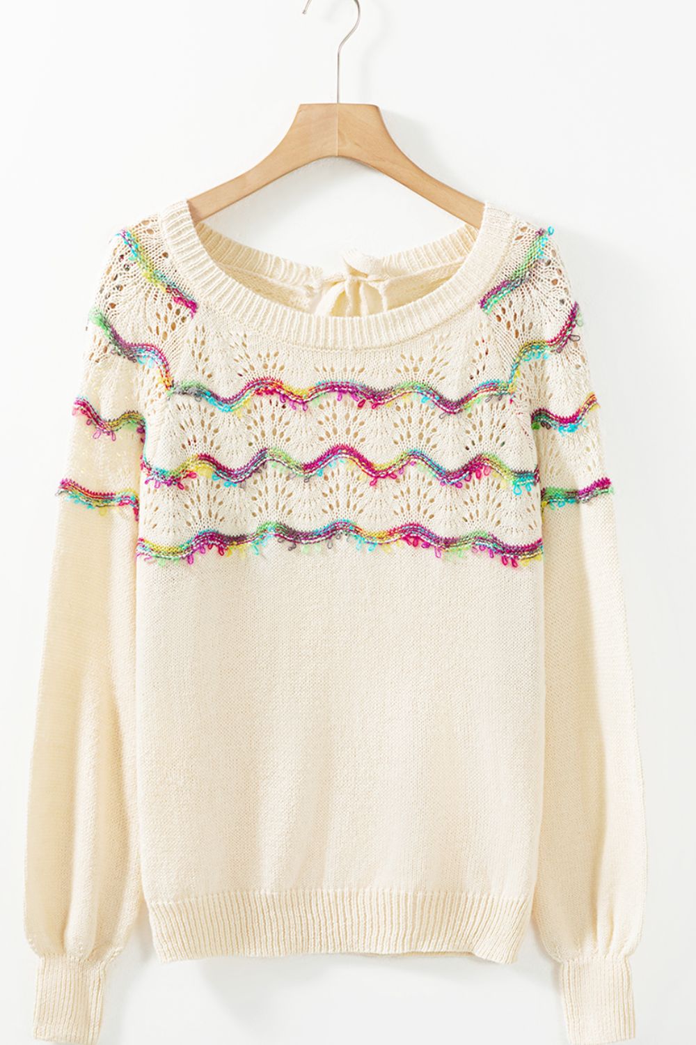 Openwork Wavy Striped Round Neck Sweater - felvior