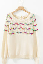 Openwork Wavy Striped Round Neck Sweater