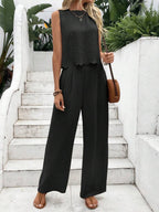 Tie Back Round Neck Top and Pants Set