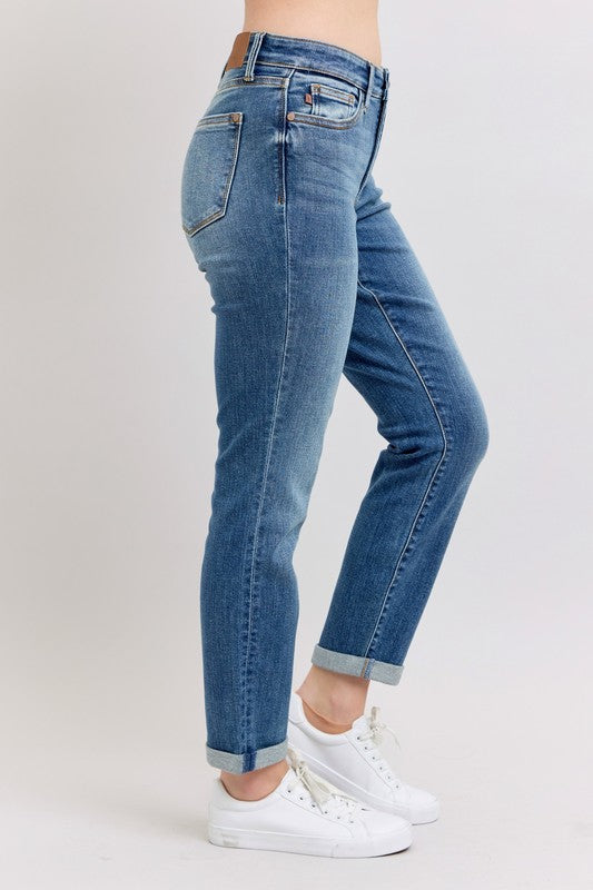 Judy Blue Full Size Mid Rise Skinny Cuff Jeans with Pockets Plus Size - felvior