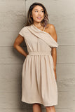 Perfee Swiss Dot Asymmetrical Neck Dress - felvior