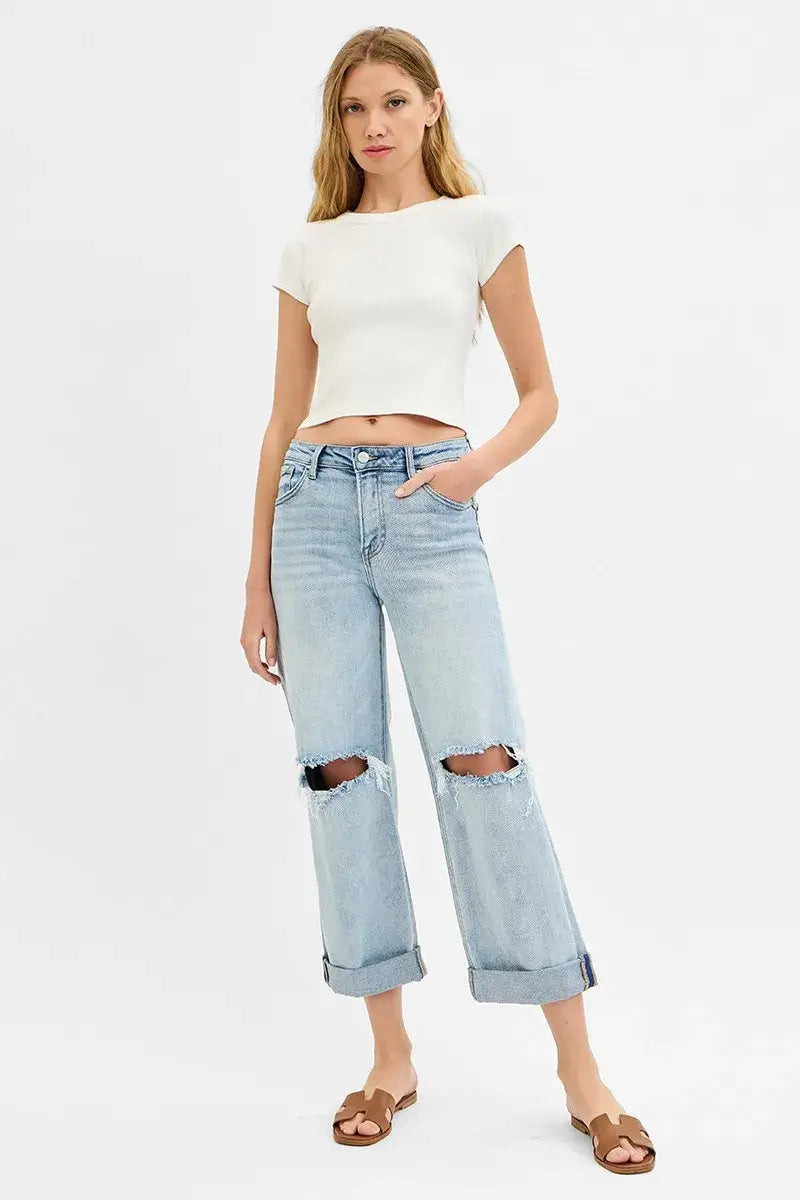 RISEN Full Size Mid Rise Fit Boyfriend Jeans with Cuff Plus Size