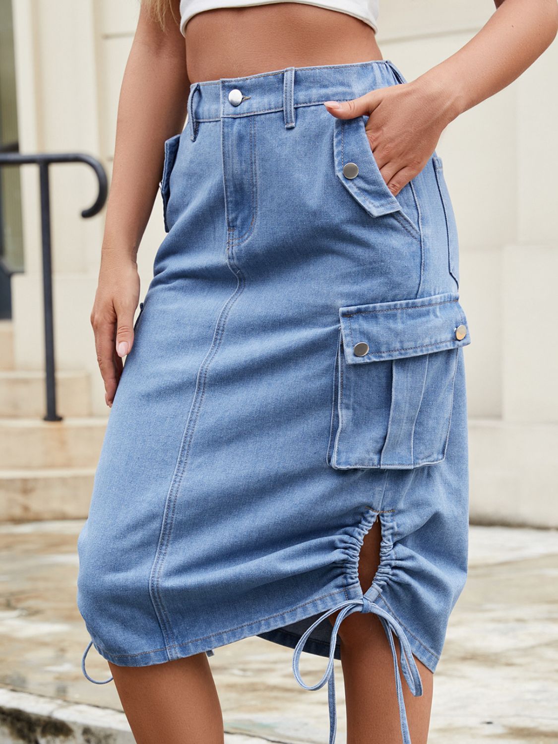 Drawstring Denim Skirt with Cargo Pockets