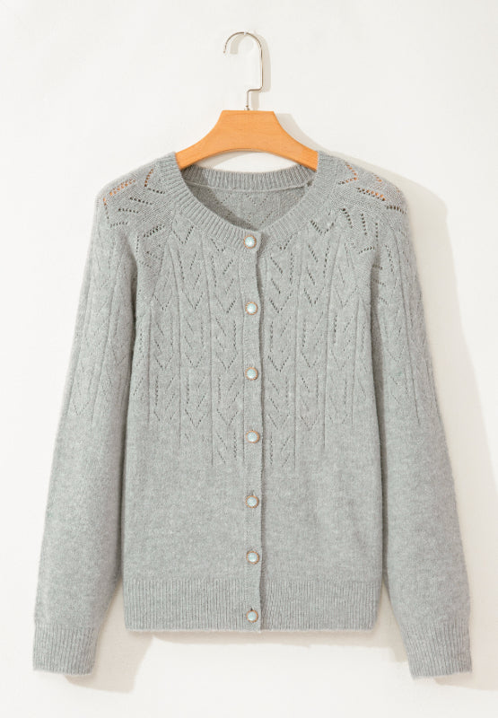 Openwork Button Down Long Sleeve Cardigan - felvior