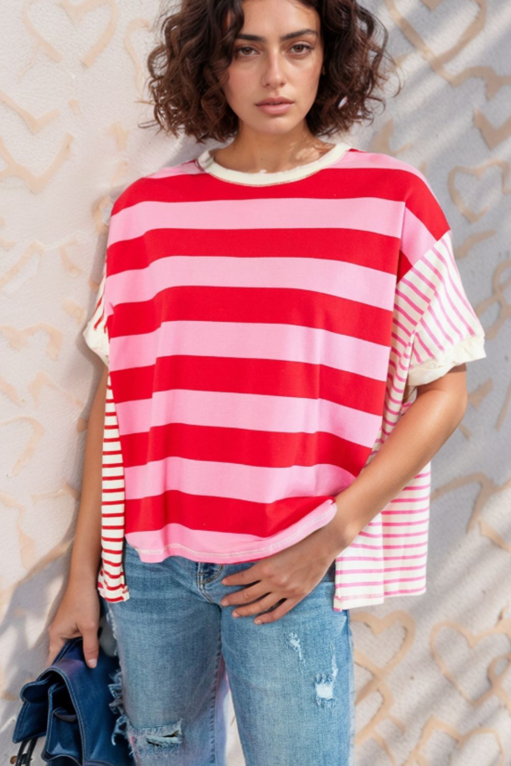Stripe Side Slit Round Neck T-Shirt