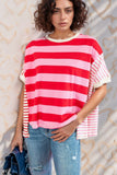Stripe Side Slit Round Neck T-Shirt