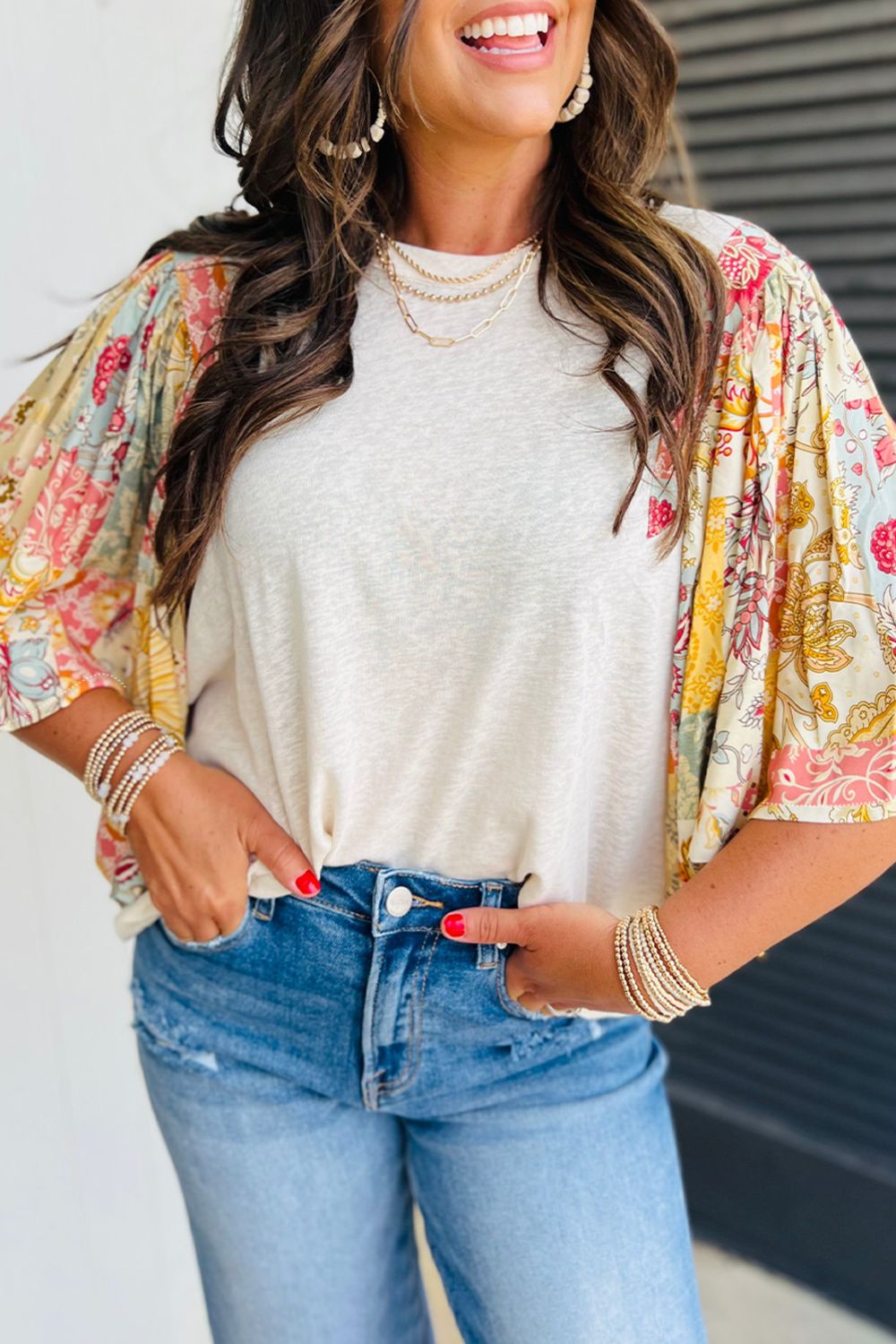 Printed Round Neck Flutter Sleeve Blouse Hauptbild