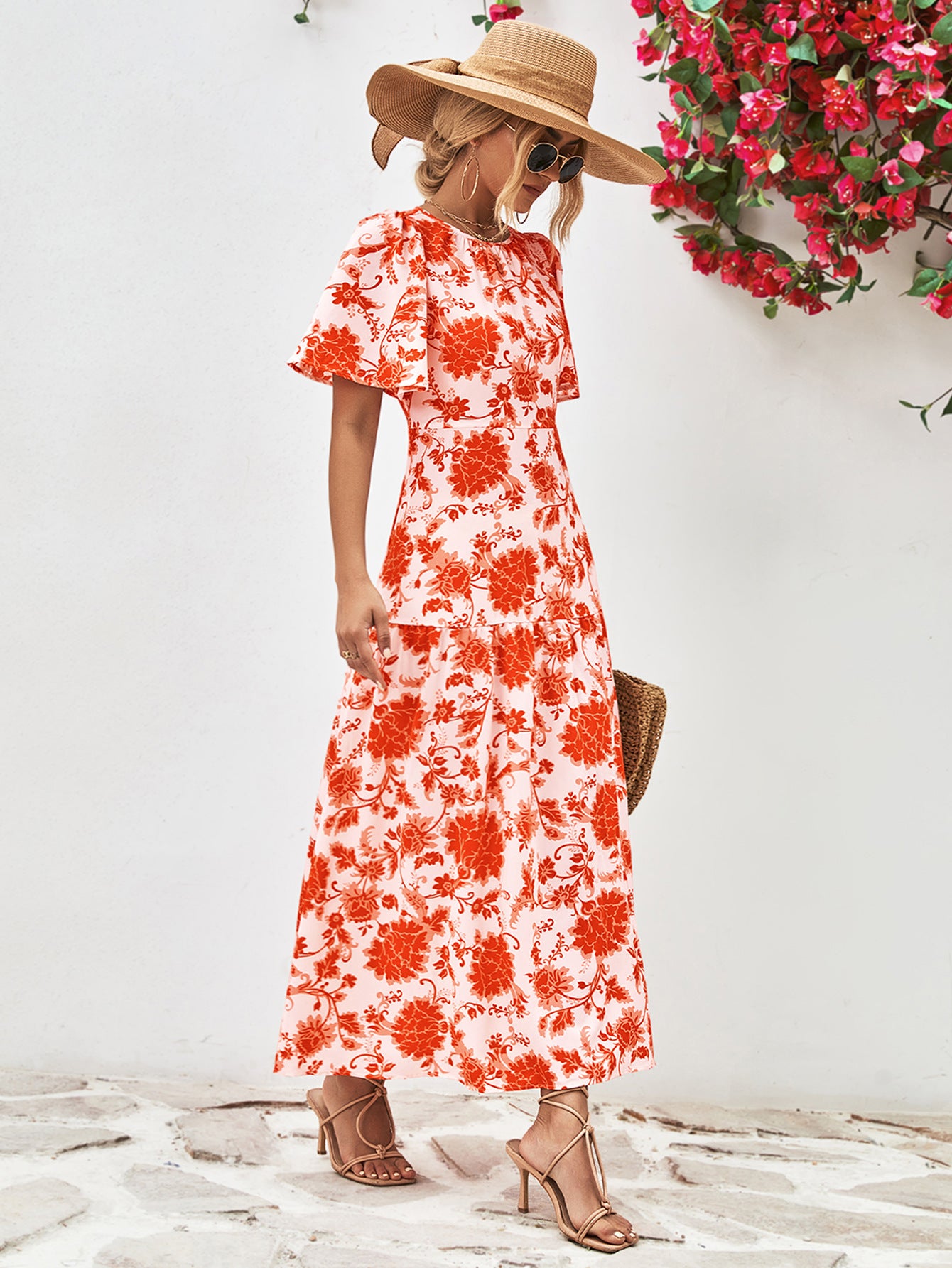 Floral Round Neck Tied Open Back Dress - felvior