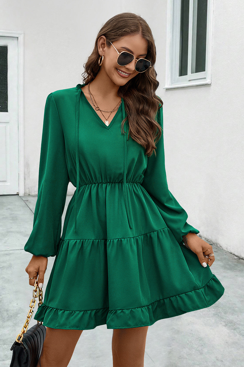 V-Neck Tie Neck Long Sleeve Dress - felvior
