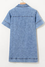 Short Sleeve Collared Patched Pocket Denim Mini Dress
