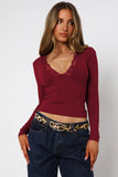 Lace Detail V-Neck Long Sleeve T-Shirt - felvior