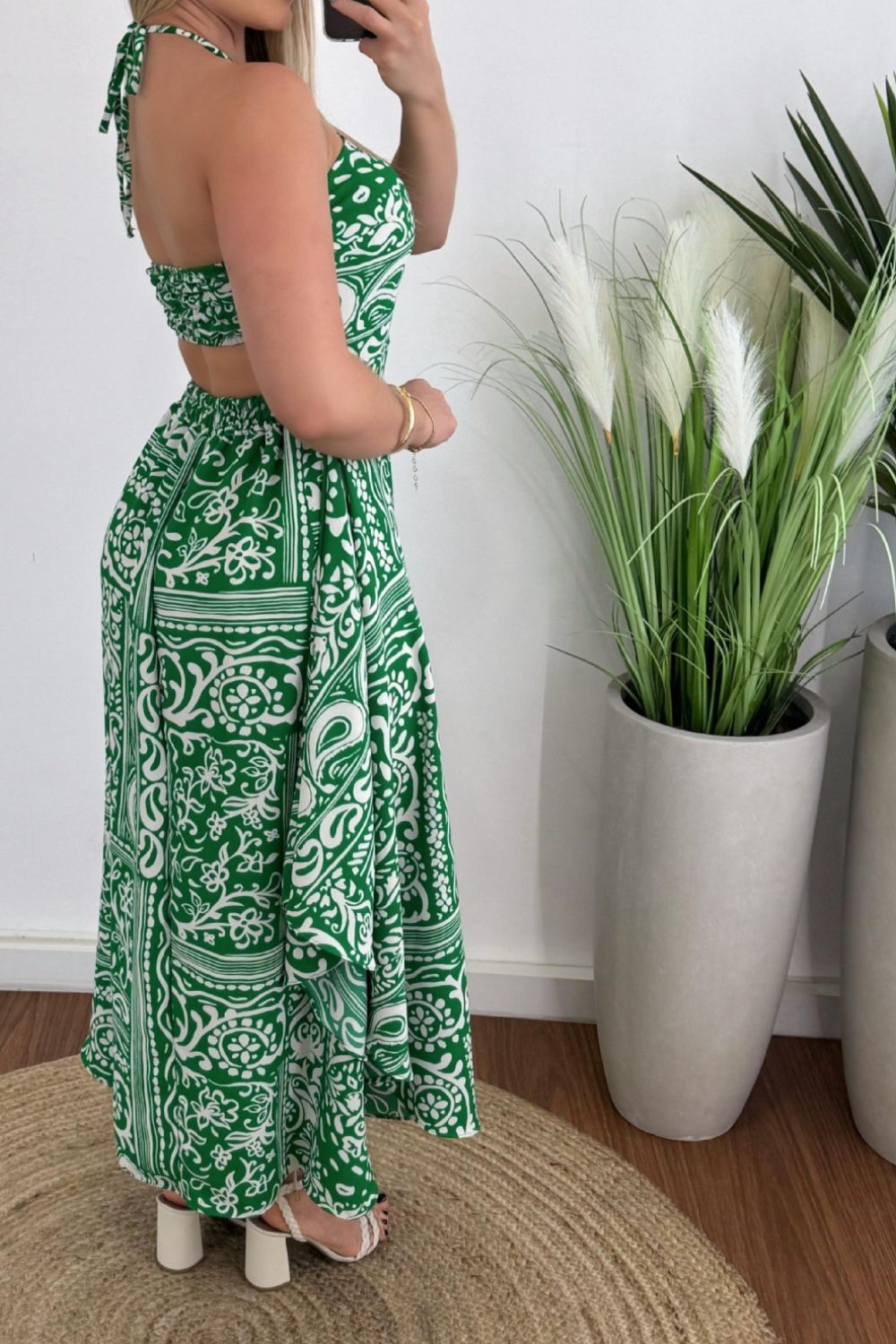Smocked Printed Halter Neck Dress - felvior
