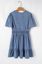 Ruffled Hem Smocked Flutter Sleeve Denim Mini Dress