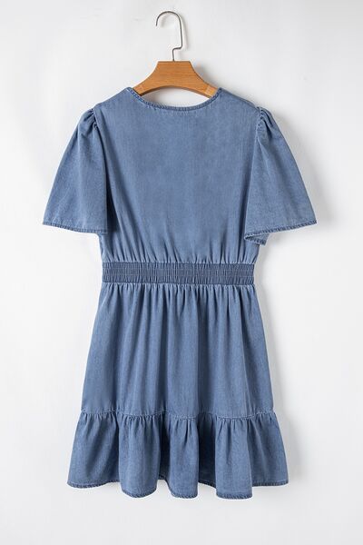 Ruffled Hem Smocked Flutter Sleeve Denim Mini Dress