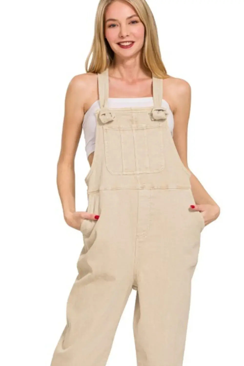 Zenana Washed Knot Strap Relaxed Fit Overalls