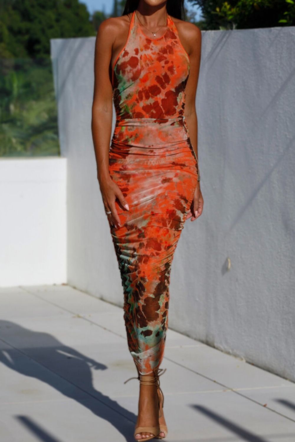Backless Printed Halter Neck Dress - felvior