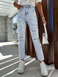 Distressed Star Straight Jeans with Pockets - felvior