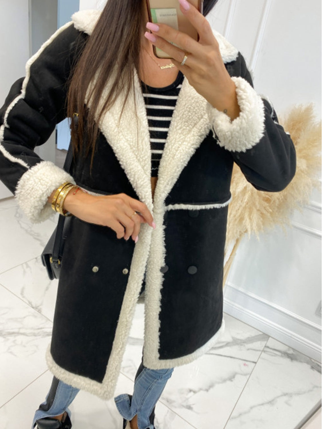 Lapel Collar Exposed Seam Buttoned Coat - felvior