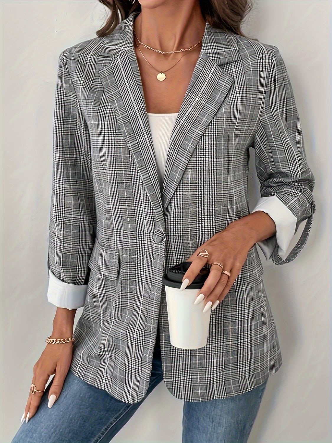 Single-Breasted Lapel Collar Plaid Blazer - felvior