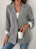 Single-Breasted Lapel Collar Plaid Blazer - felvior