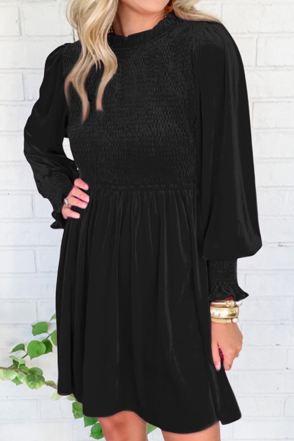 Smocked Round Neck Long Sleeve Dress - felvior