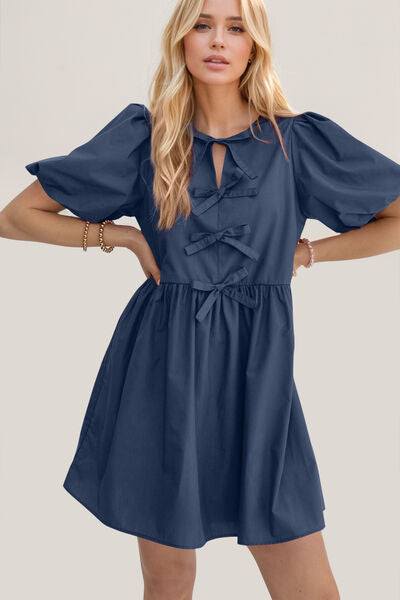 Oh Bow Ruched Puff Sleeve Mini Dress - felvior