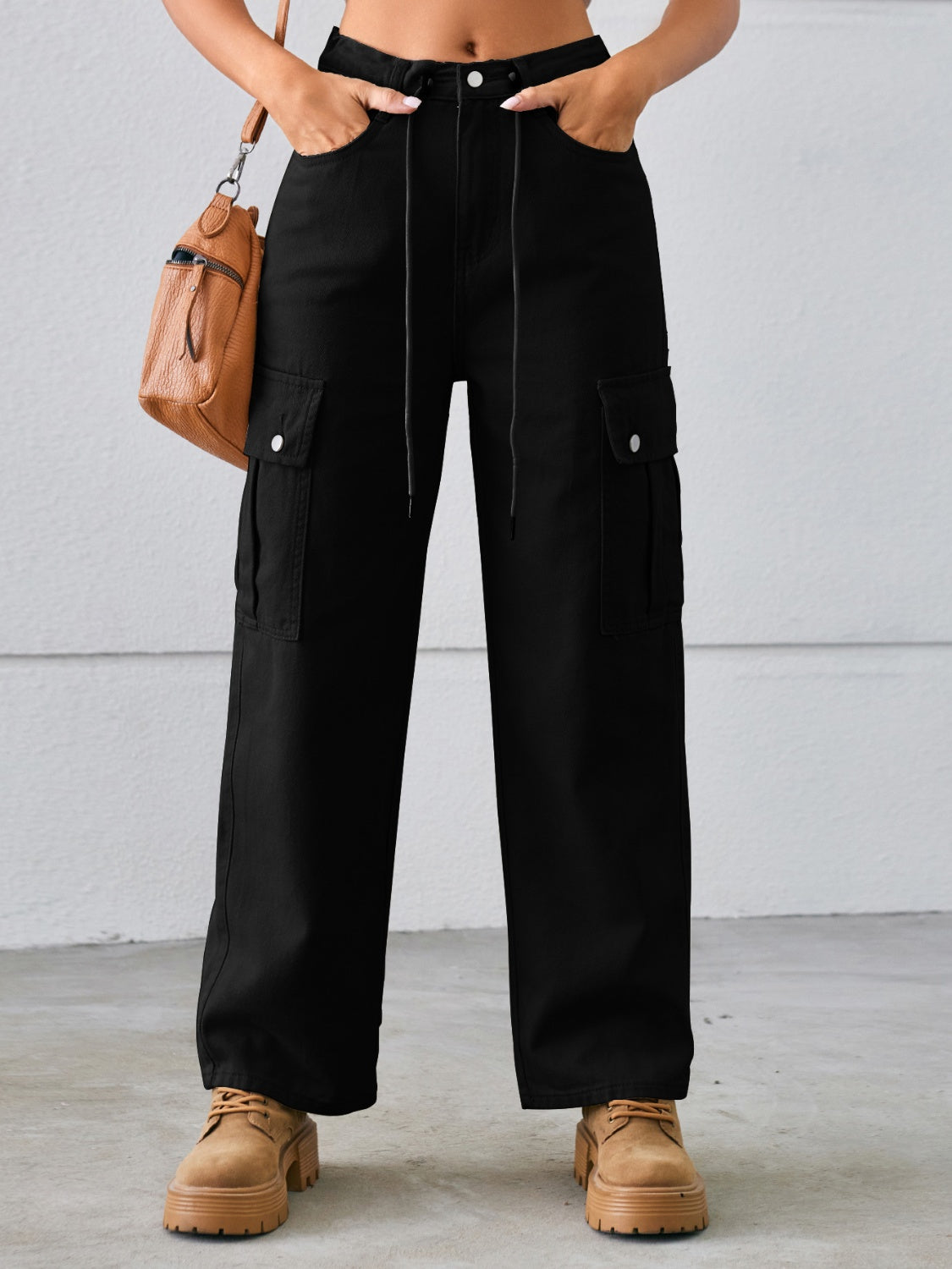 Drawstring Mid-Rise Waist Straight Cargo Jeans Hauptbild