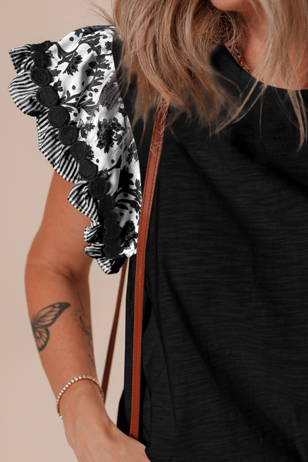 Round Neck Printed Ruffled Cap Sleeve Blouse - felvior