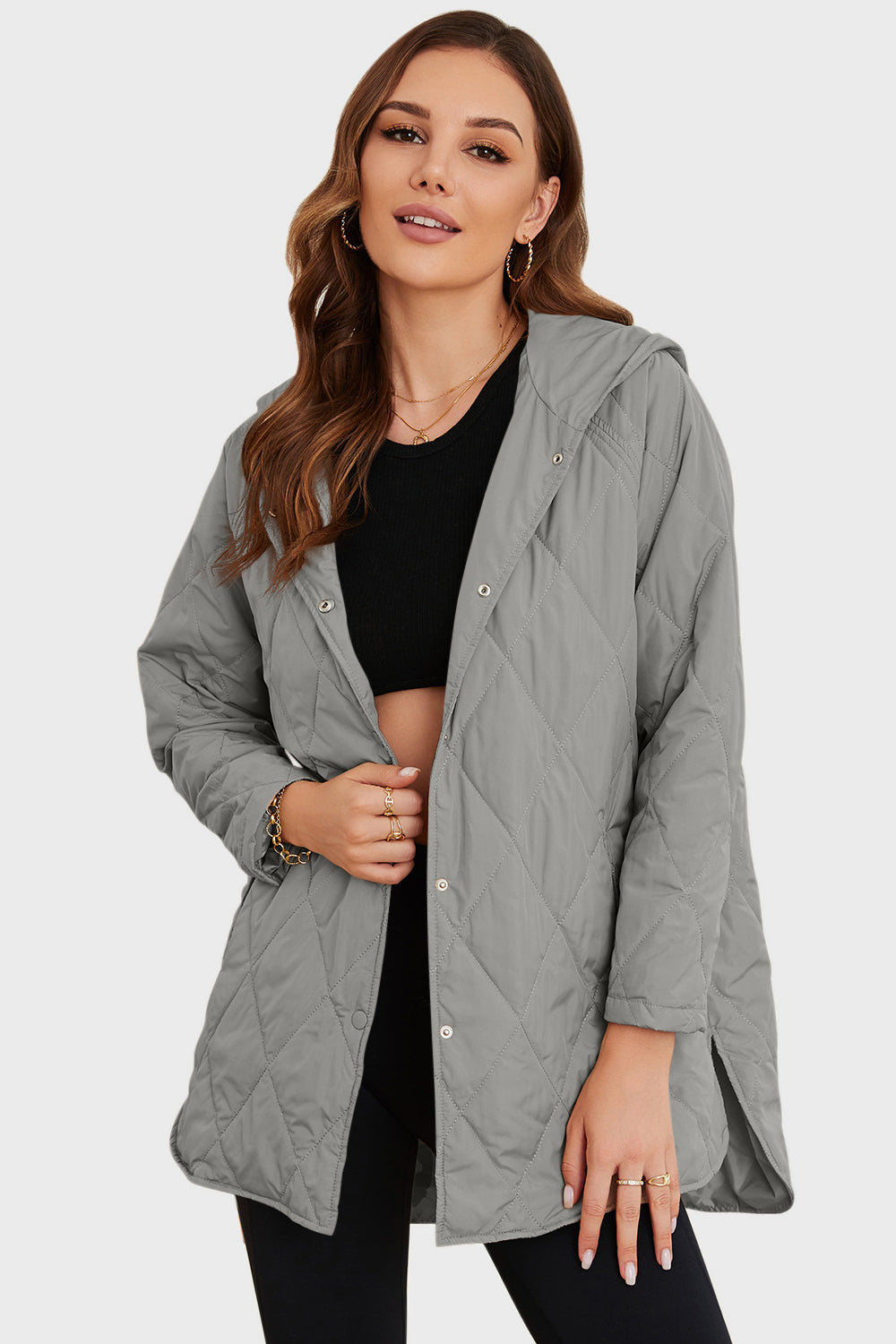 Snap Down Hooded Slit Winter Coat - felvior