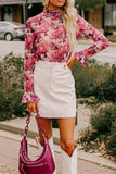 Floral Turtleneck Flounce Sleeve Blouse - felvior