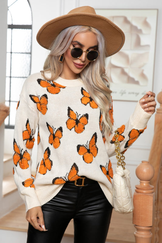 Butterfly Round Neck Long Sleeve Sweater - felvior