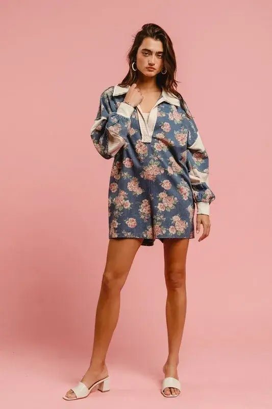 BiBi Washed Floral Denim Romper With Contrast Collar