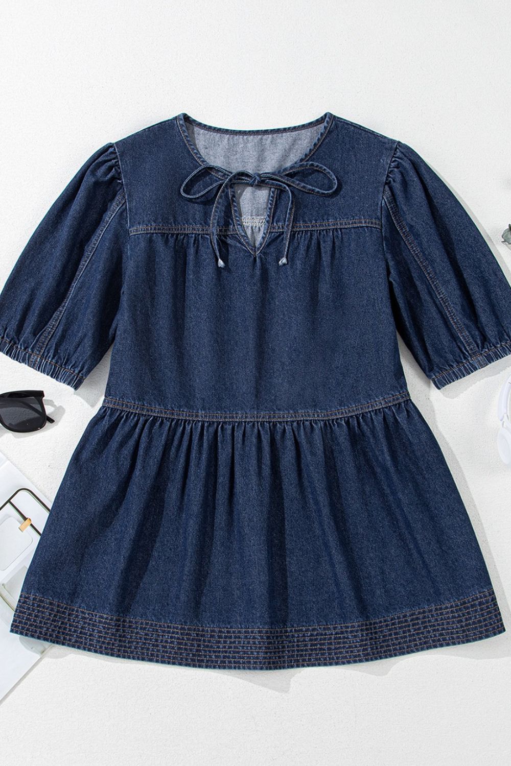 Tie Neck Babydoll Denim Top - felvior
