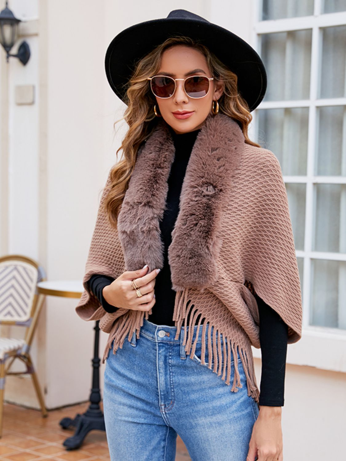 Open Front Fringe Hem Poncho - felvior