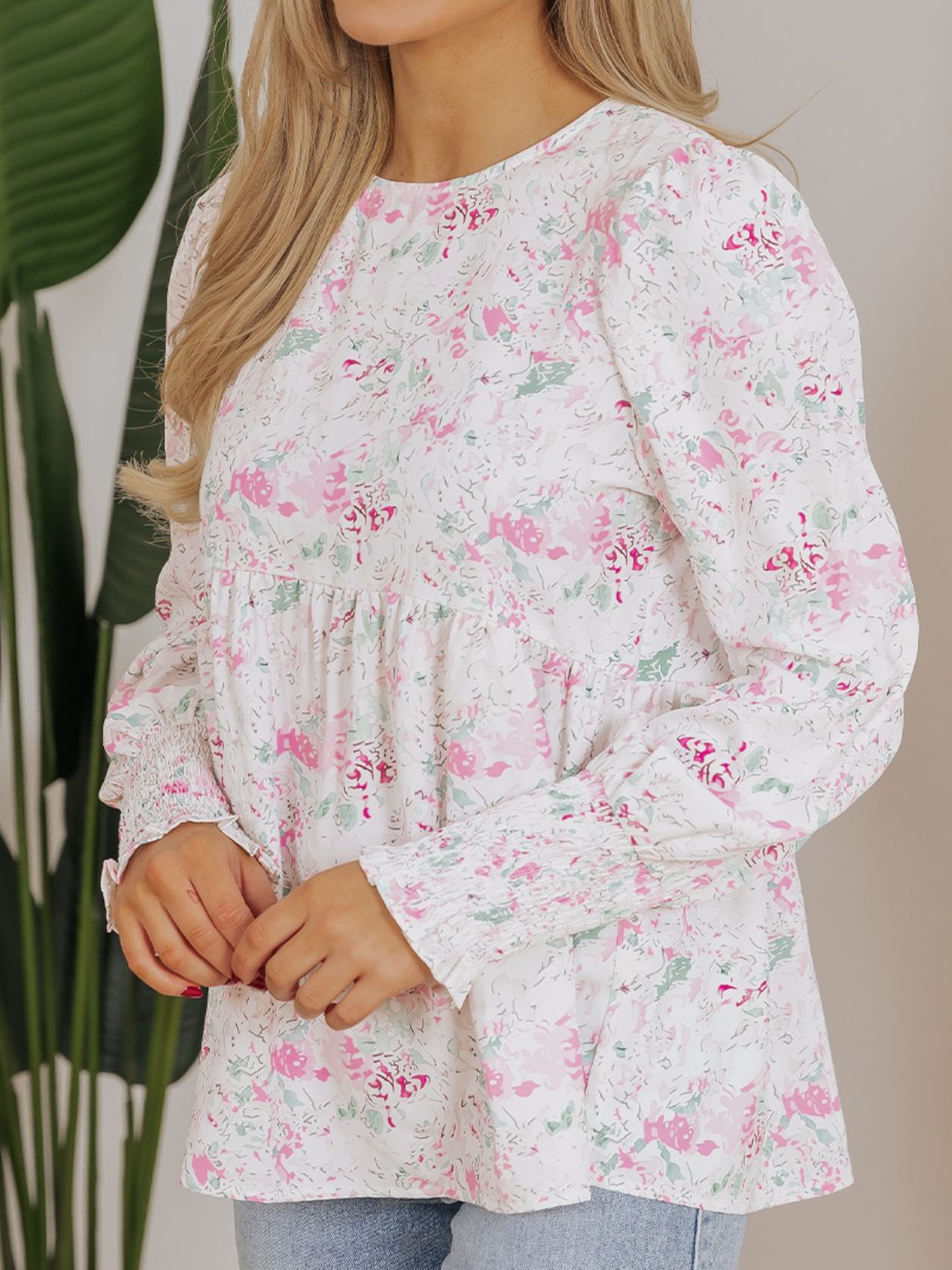 Printed Round Neck Long Sleeve Blouse - felvior
