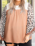 Plus Size Leopard Ruffle Trim Long Sleeve Blouse - felvior