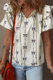 Bow Print Tie Neck Short Sleeve Blouse - felvior