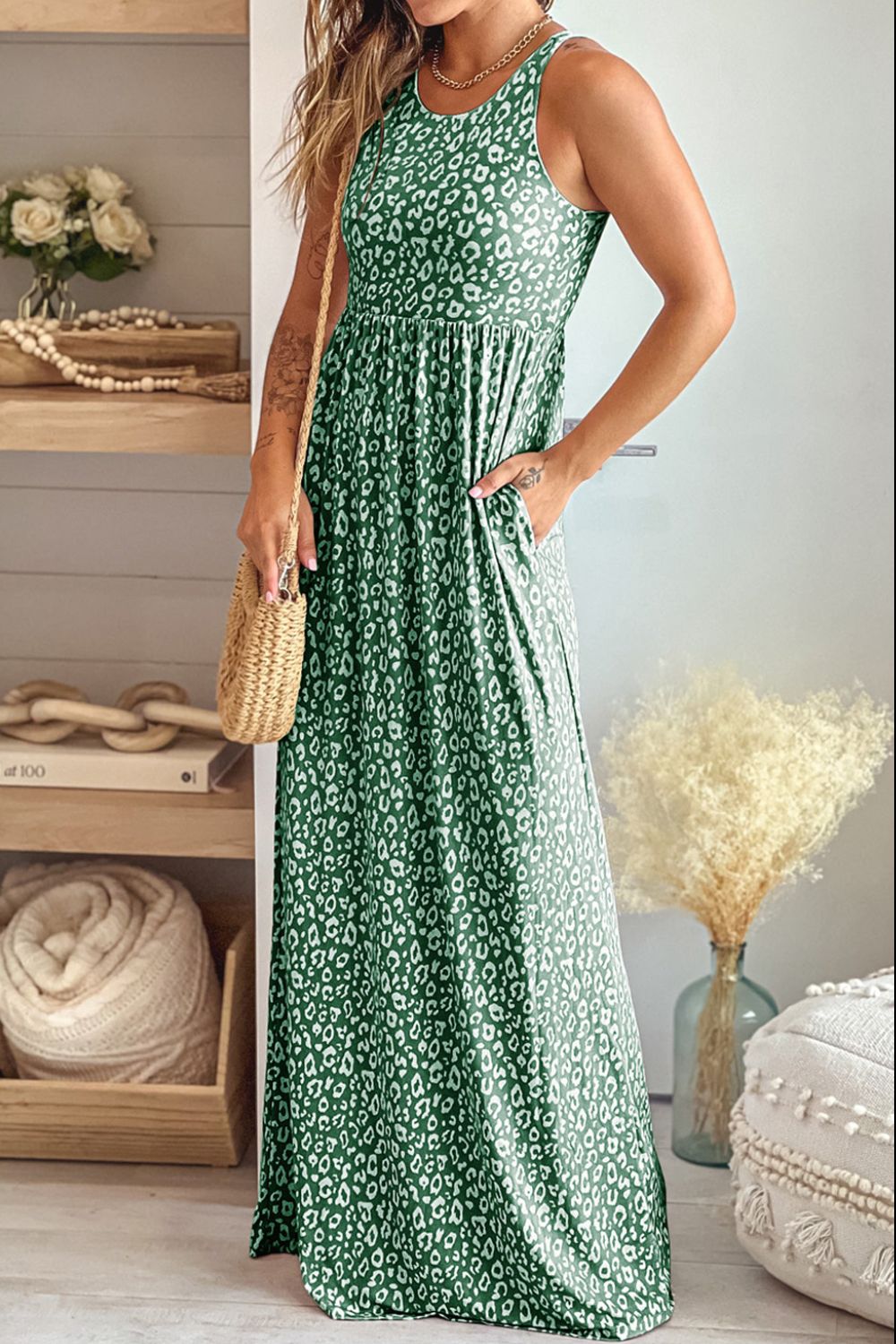 Leopard Round Neck Sleeveless Maxi Dress - felvior